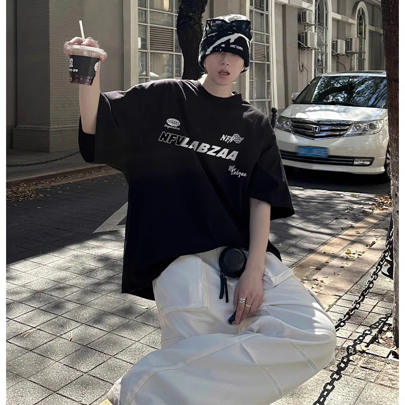 ins美式潮牌创意字母印花短袖T恤男oversize宽松休闲棉纯正肩上衣