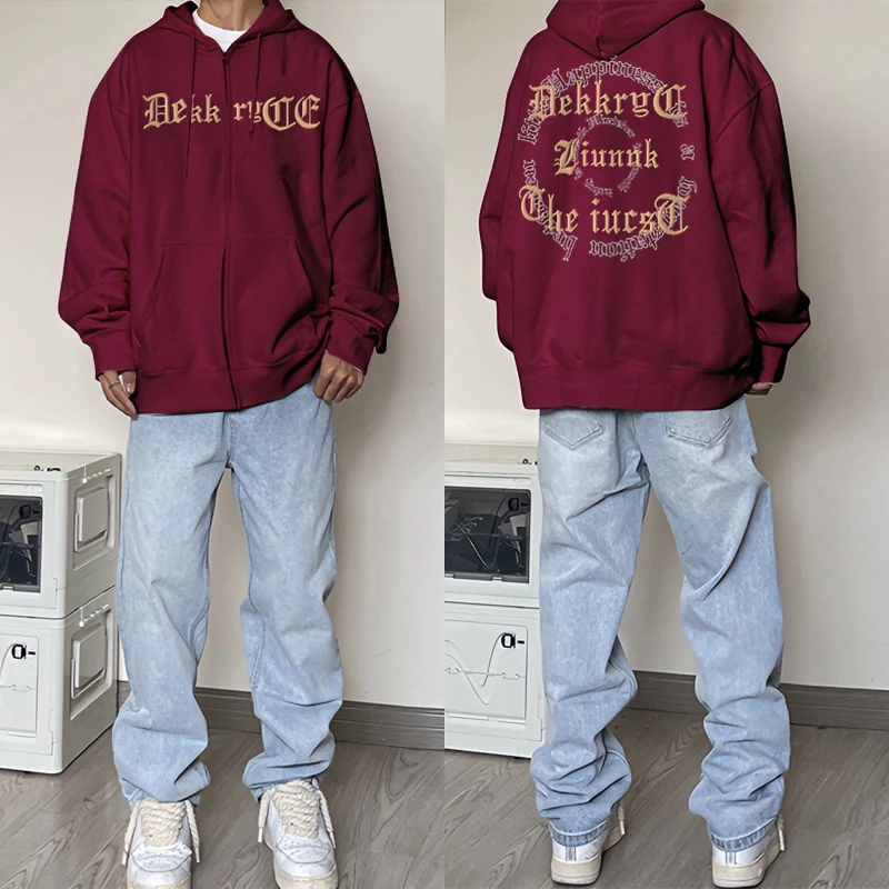 欧美式高街字母印花连帽卫衣男秋季潮牌复古加绒宽松开衫拉链外套