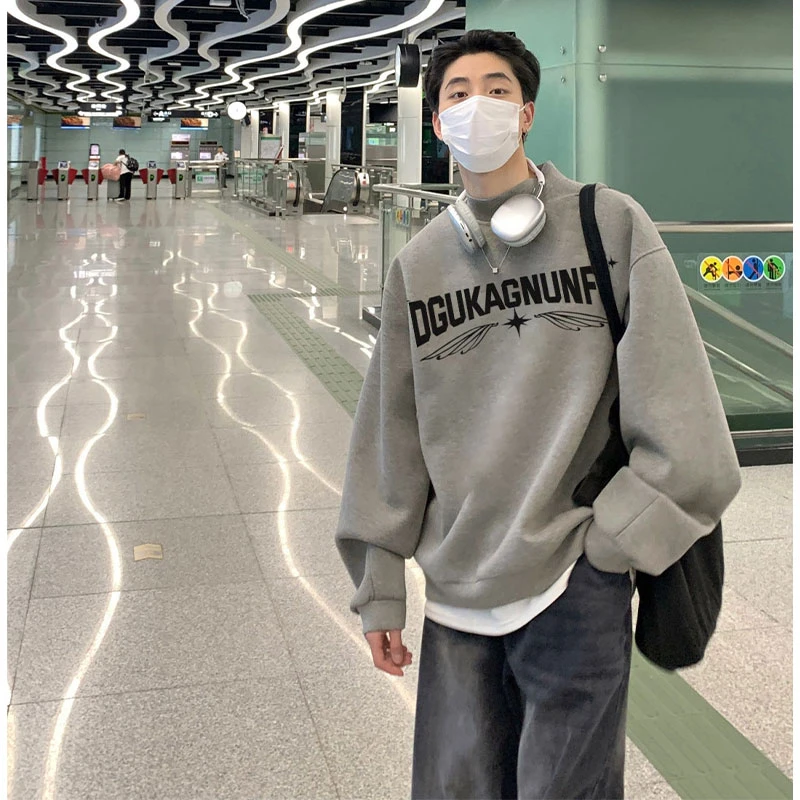 高街嘻哈hiphop阿美咔叽人物字母印花无帽圆领卫衣男ins潮牌上衣