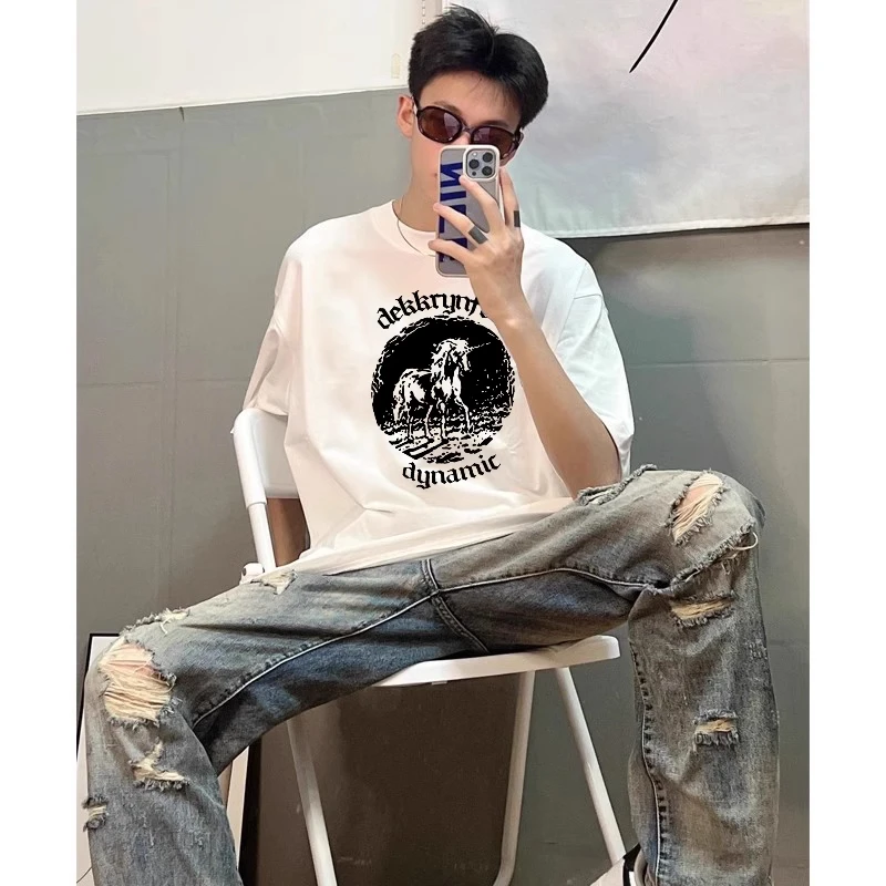 美式创意独角兽字母印花短袖t恤男夏季复古百搭宽松情侣纯棉上衣