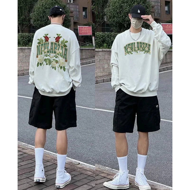 美式潮牌玫瑰花字母印花圆领卫衣ins秋冬季男士宽松加绒长袖上衣