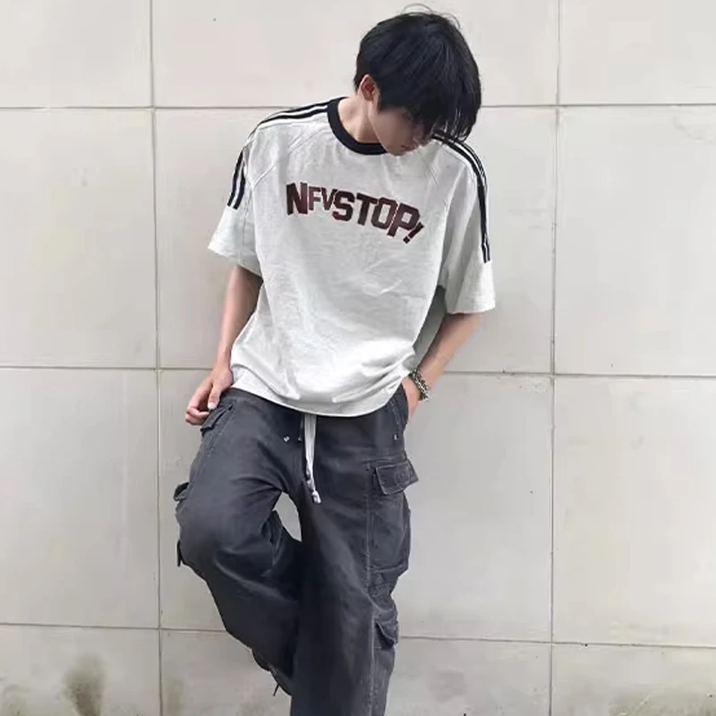 潮牌创意字母印花三条杠白灰色上衣男夏季街头风百搭纯棉短袖T恤