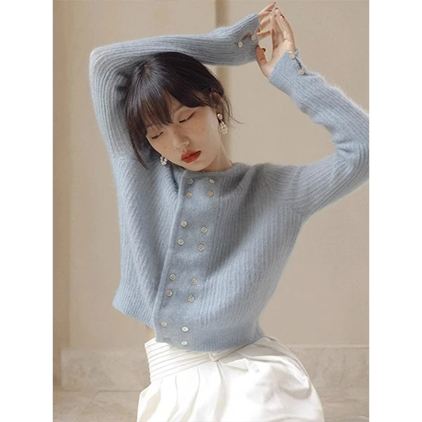 雾霾蓝双排扣针织开衫女秋冬短款外搭上衣法式复古马海毛毛衣外套