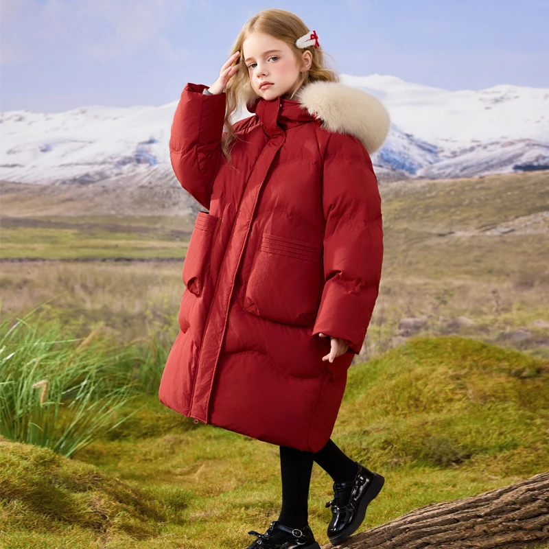 女童中长款羽绒服2024冬装新款儿童白鸭绒过节衣服大毛领洋气外套
