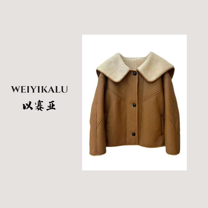 以赛亚 影像诗 23年皮草YJ单排扣海军领进口皮毛一体外套993158