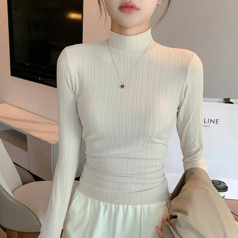 半高领白色长袖打底衫女薄款内搭显瘦秋冬t恤洋气百搭外穿上衣