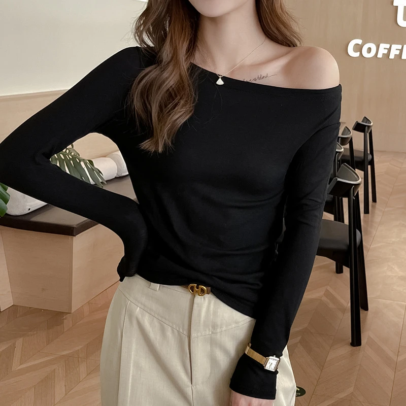 秋季一字露肩领长袖打底衫女内搭正肩t恤新款高级设计感弹力上衣