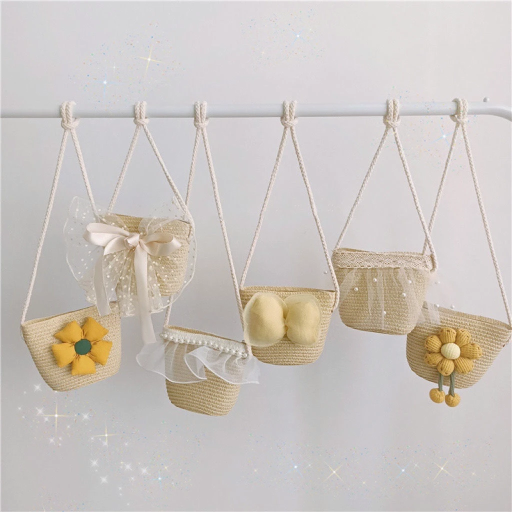 甜美网纱包洋气宝宝拍照斜跨游玩零钱包网红儿童迷你草编包包F545