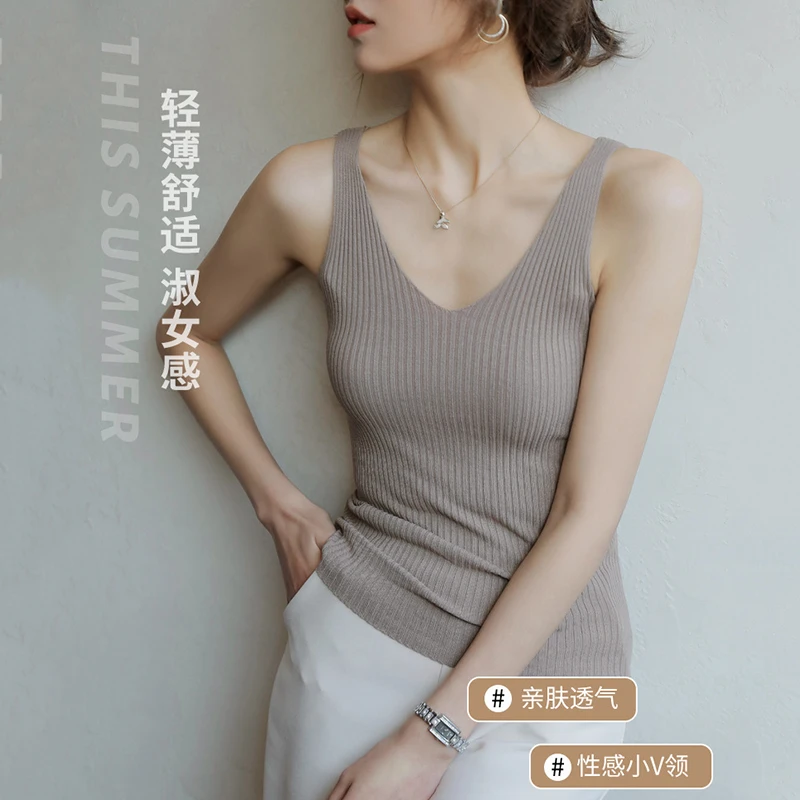 吊带小背心女针织v领外穿宽松设计夏季薄款黑色修身内搭无袖上衣