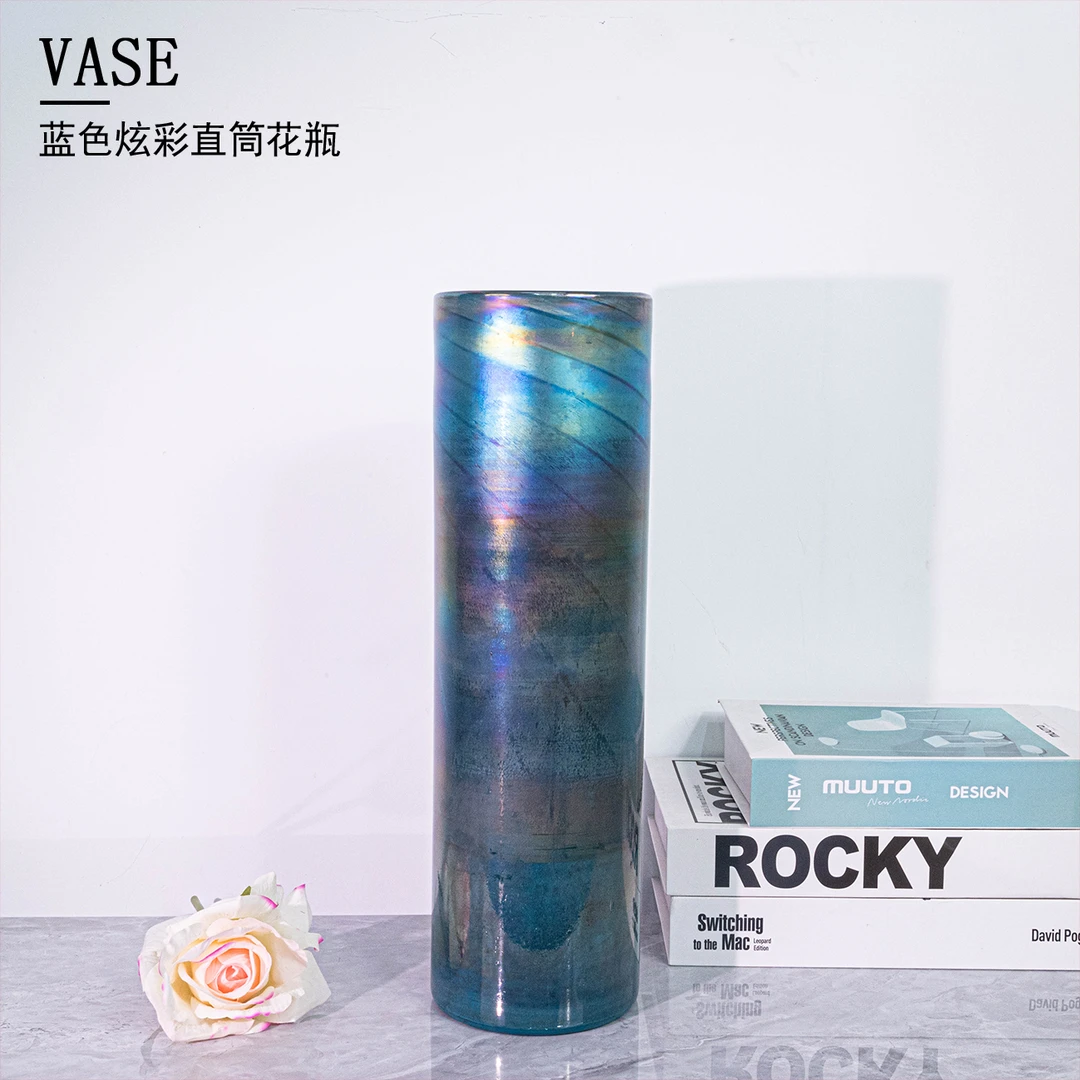 J305欧式轻奢时尚蓝炫彩圆柱形琉璃花瓶桌面简约花卉装饰