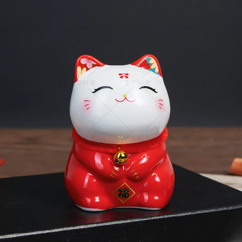 K861招财猫陶瓷装饰摆件客厅书房小福猫创意居家装饰摆件轻奢高档
