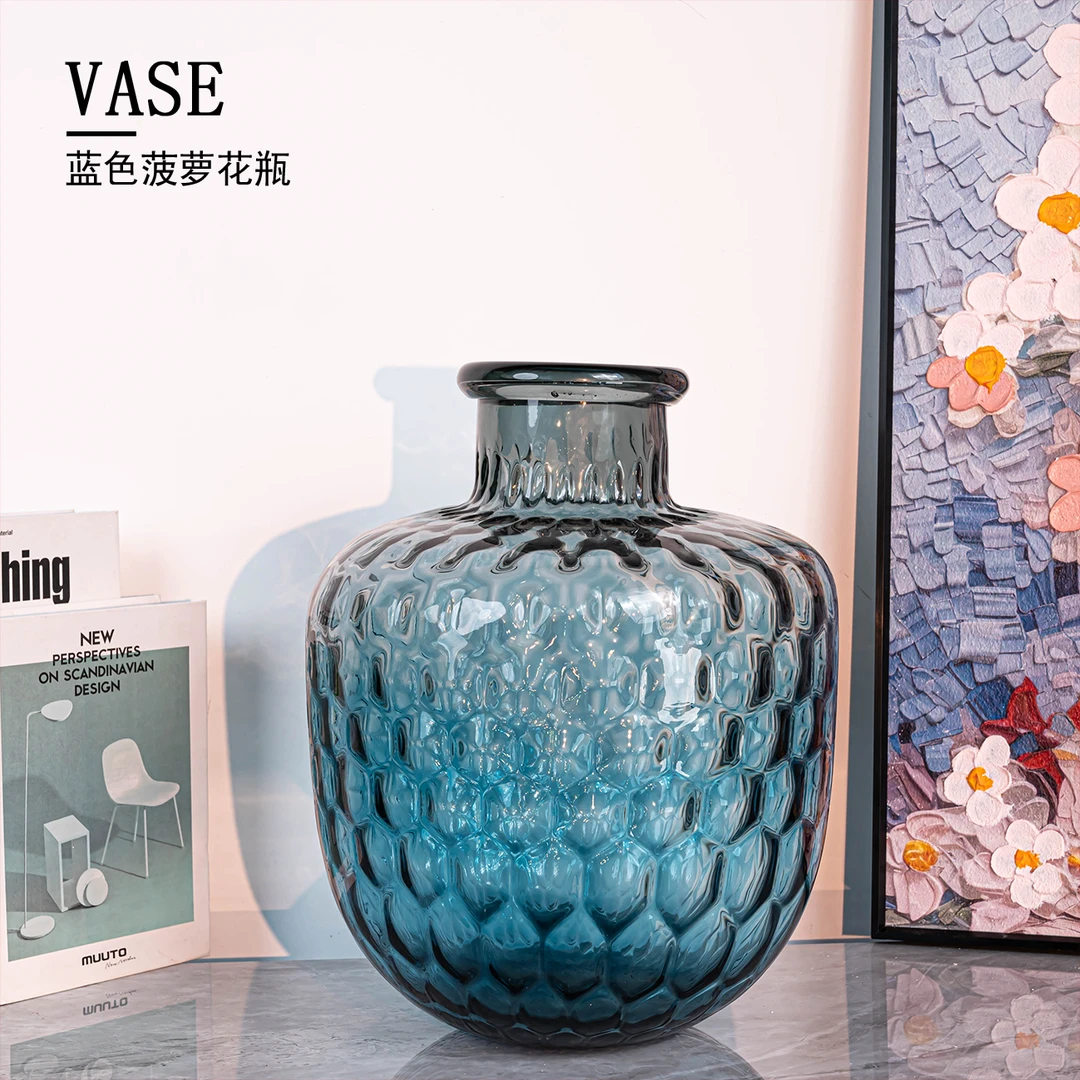[豆豆]J034蓝灰色渐变大肚菠萝花瓶摆件客厅鲜花插花高端琉璃花瓶