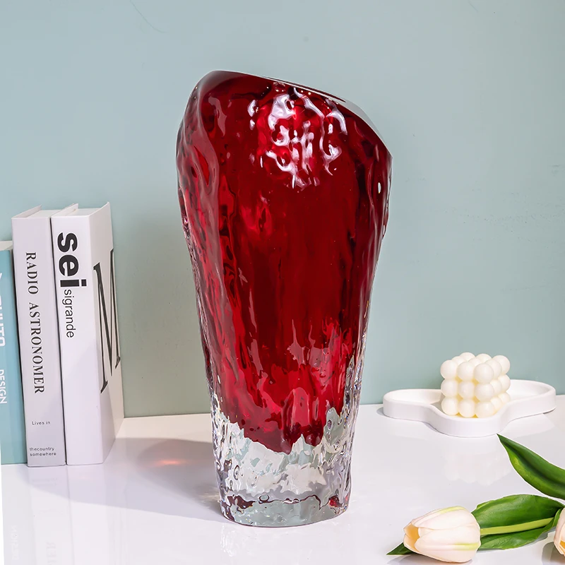 H952高大火山石红色琉璃花瓶水培插花器现代装饰品摆件