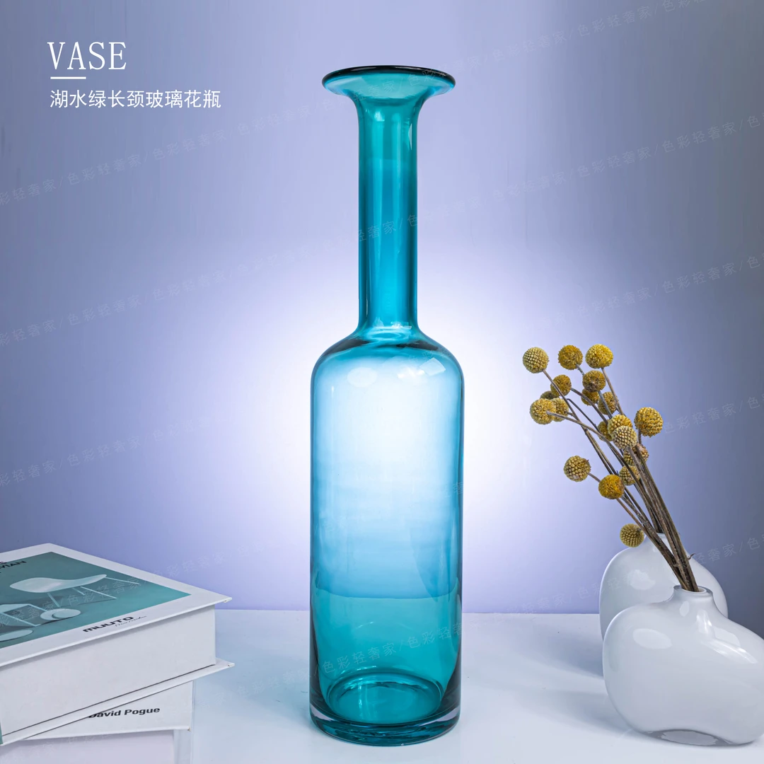 湖水绿长颈插花桌面摆件琉璃花瓶时尚简约花卉装饰花器F291