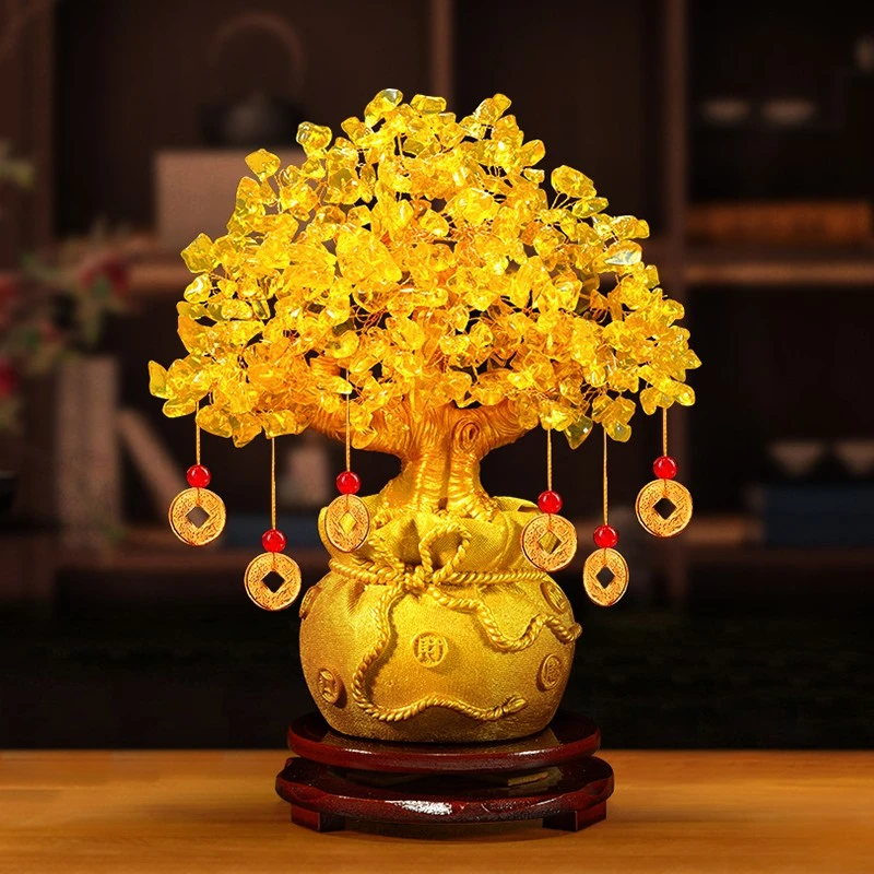 黄水晶发财树摇钱树摆件玄关酒柜乔迁礼物前台摆设招财树轻奢L076