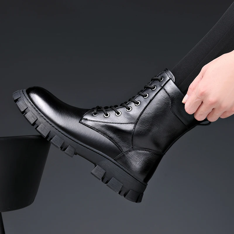 高帮马丁靴男新款真皮男靴子英伦风厚底工装靴冬季加绒保暖棉皮靴