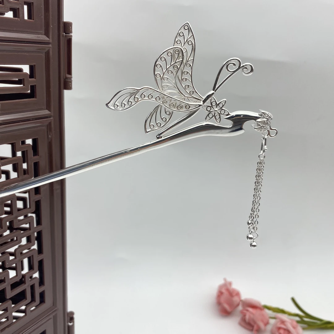 足银银制品 【花引蝶发簪】足银纯手工中式国风气质素款百搭簪子