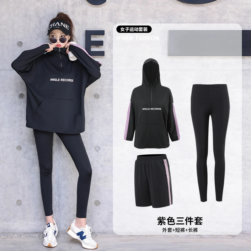 连帽运动外套女宽松跑步罩衫大码健身服上衣胖mm长袖春瑜伽服套装