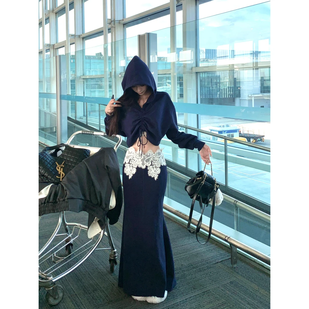 秋季2024新款褶皱抽绳短款连帽卫衣蕾丝花边拼接包臀半身裙ins女