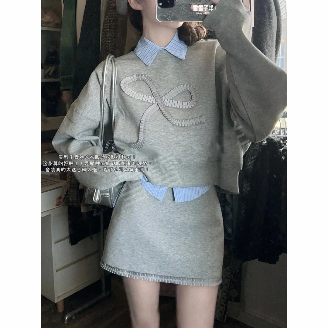 韩系少女感灰色蝴蝶结显瘦卫衣套头上衣女2024秋季新款百搭半身裙