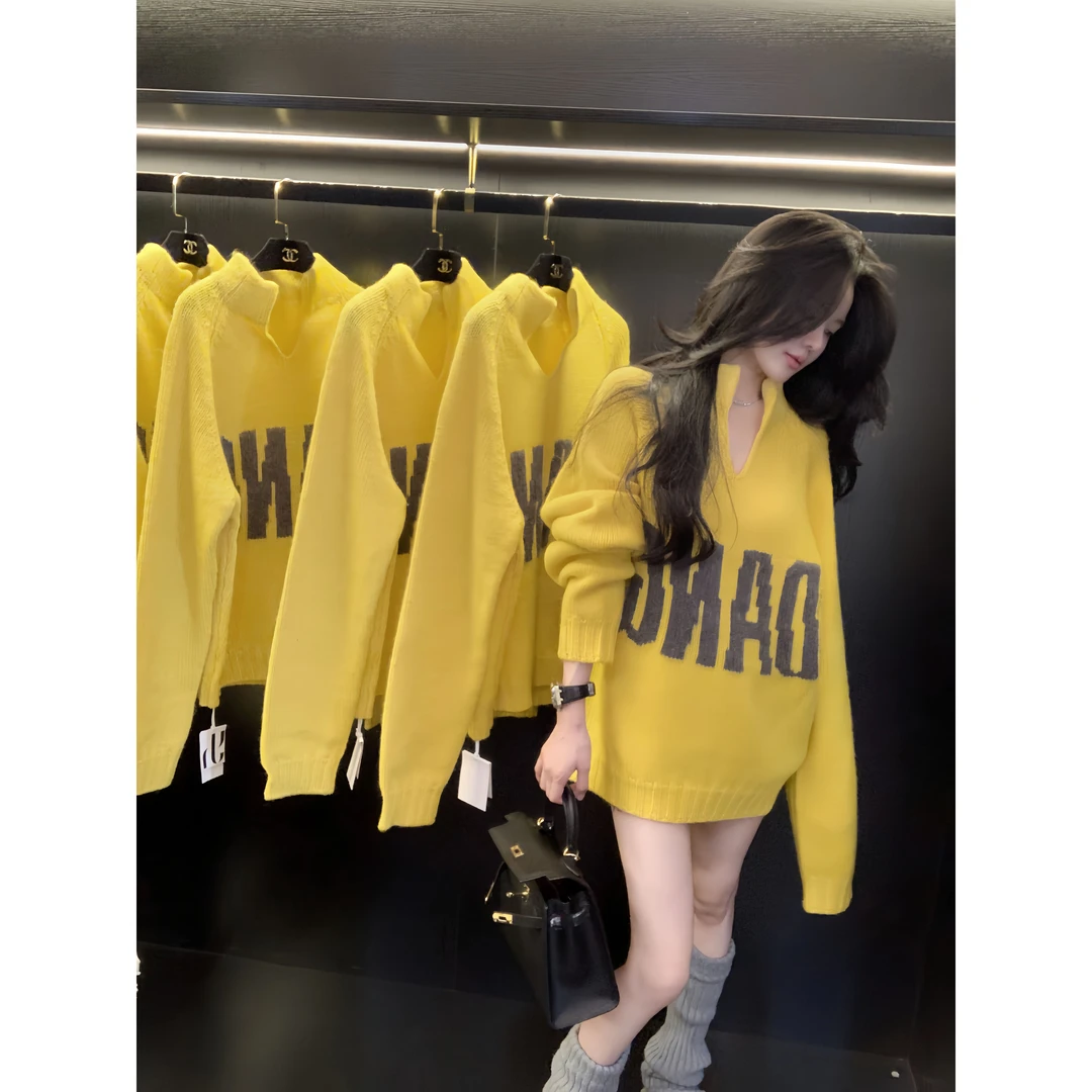 美式宽松慵懒风针织套头毛衣女2024秋季新款洋气字母印花百搭上衣