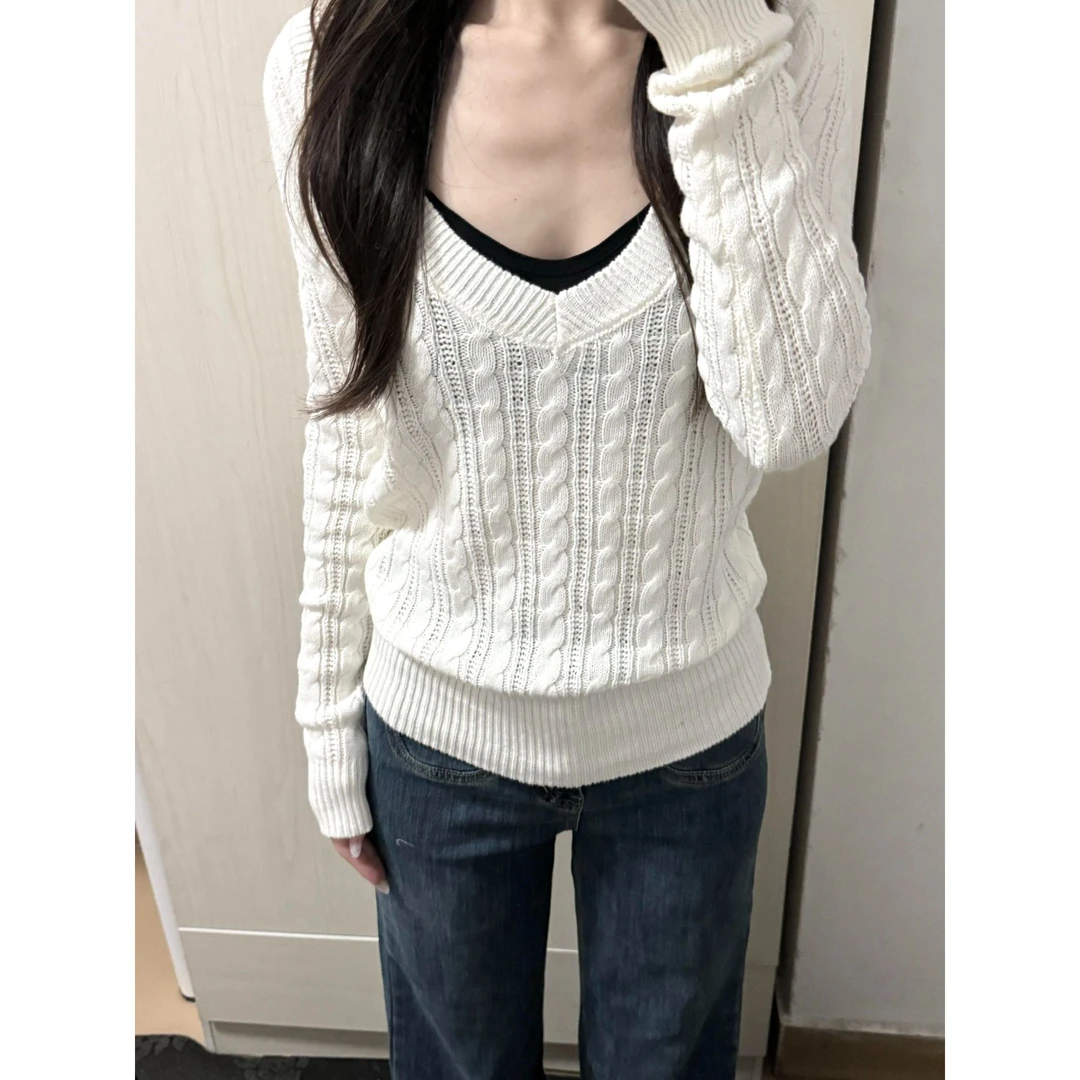 白色麻花软糯长袖套头毛衣针织衫秋冬季韩系修身内搭打底上衣女装