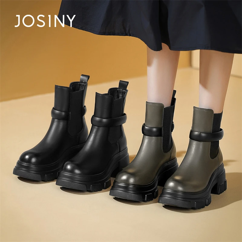 卓诗尼时尚百搭女式粗跟秋冬圆头中筒复古潮流韩版纯色简约马丁靴