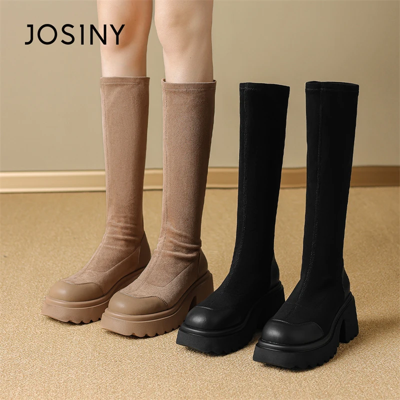 卓诗尼女式时尚百搭长筒丝绒骑士小个子女靴显瘦弹力厚底高筒女靴