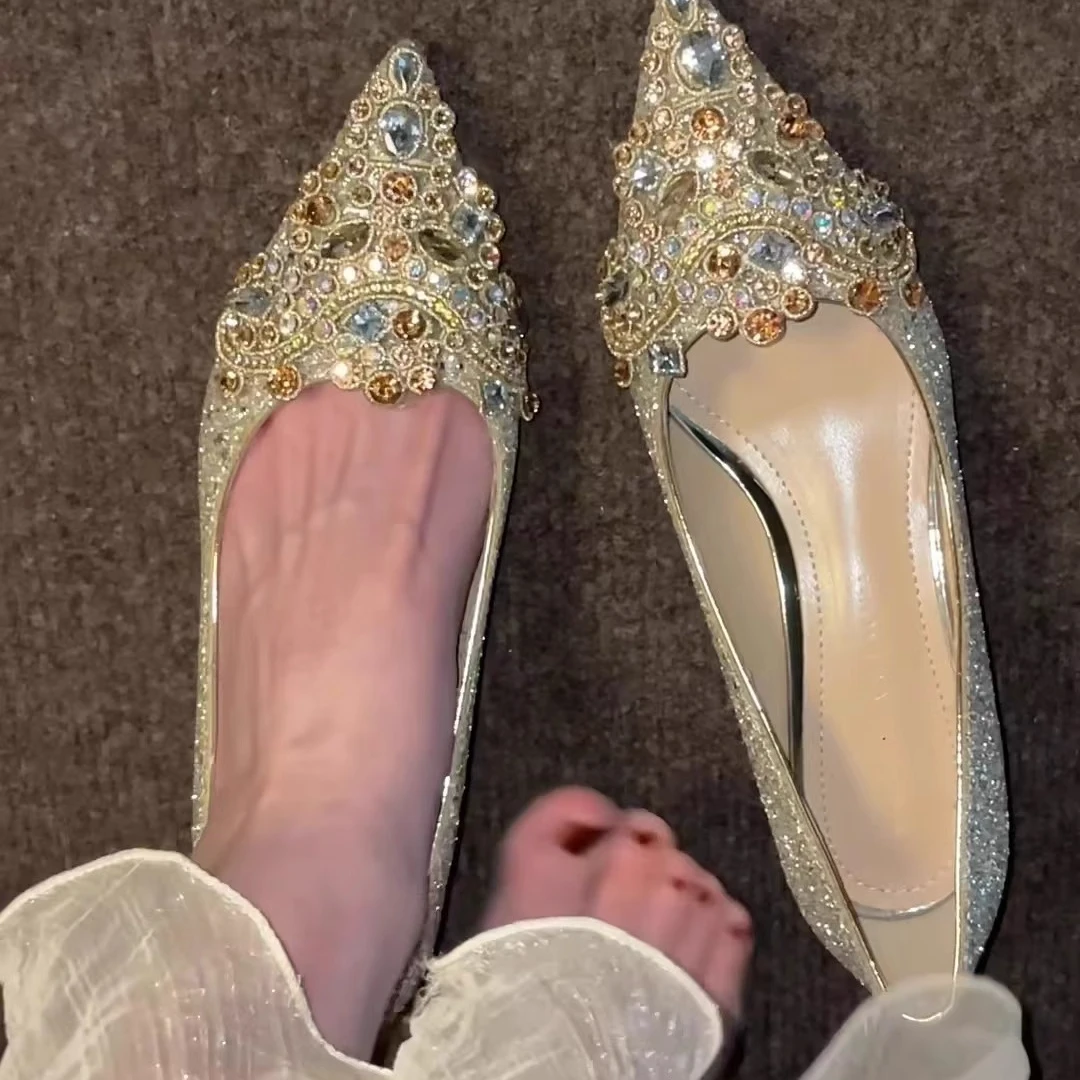 法式秀禾主婚纱高跟鞋女低跟水晶鞋金色婚鞋新娘鞋2024年春夏新款