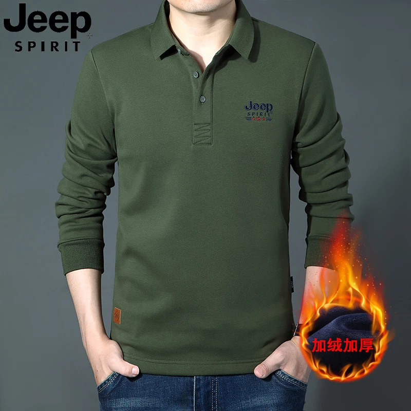 JEEP吉普长袖T恤男秋冬加绒加厚大码翻领上衣宽松棉质休闲polo衫