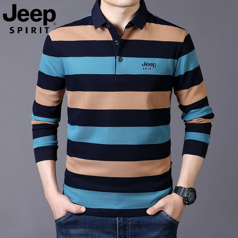 JEEPSPIRIT正品宽松长袖t恤男士春秋季时尚条纹休闲商务Polo衫