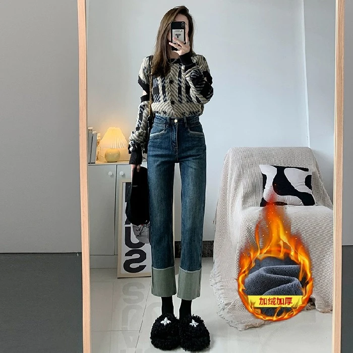 加绒加厚水洗烟管牛仔裤女秋冬大码胖mm保暖宽松显瘦直筒百搭裤子