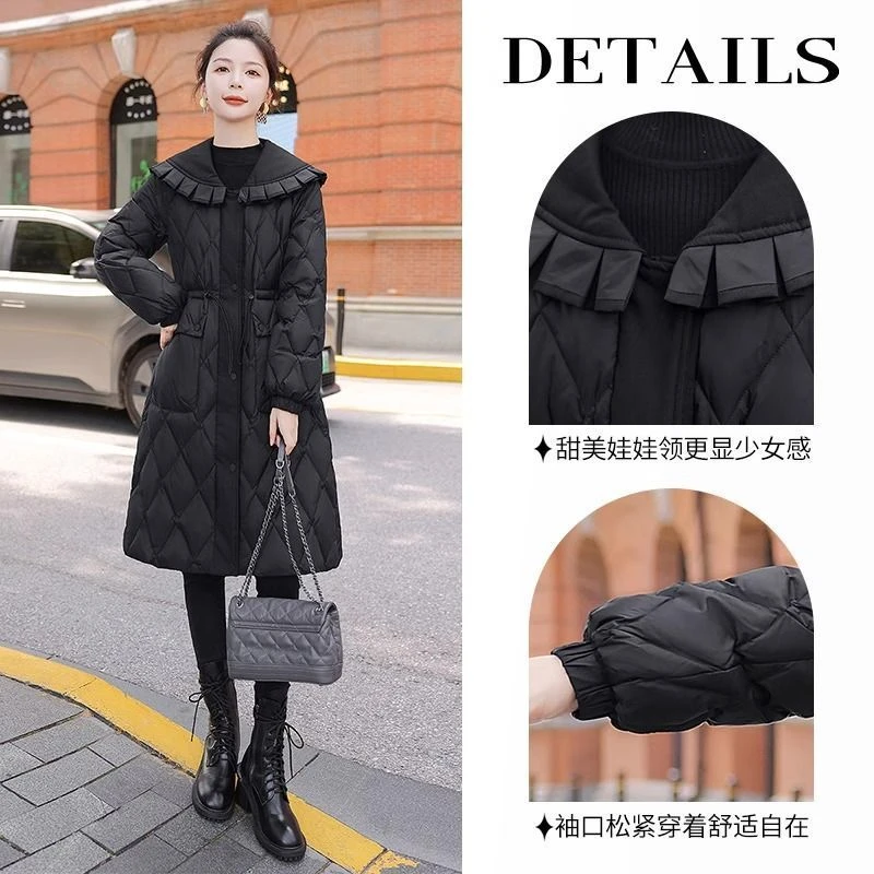 2024冬季新款女装娃娃领单排扣拉链抽绳长款百搭棉服外套加厚保暖