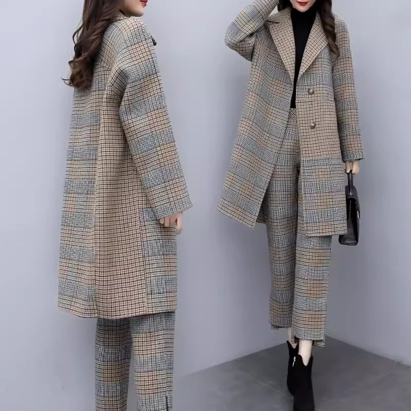 2024新款女装冬两件套裤大码格子毛呢外套阔腿裤休闲时尚套装女潮