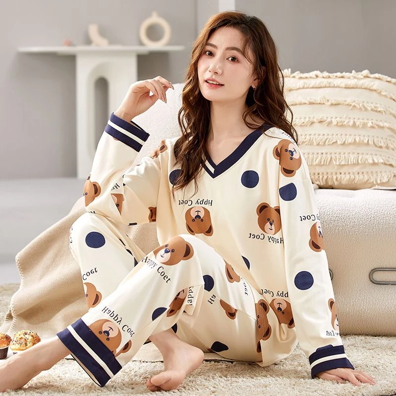 2024年纯棉睡衣女士春秋款长袖长裤V领休闲宽松可外穿运动家居服