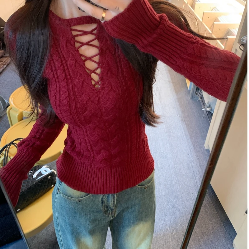 【运补6元】加州美院复古设计感收腰性感显瘦打底毛衣女针织上衣冬