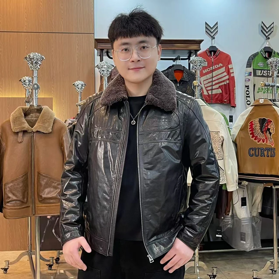 【梯梯男装】男士牛皮冬装哈雷赛车皮衣外套23032（内胆 毛领可脱卸）