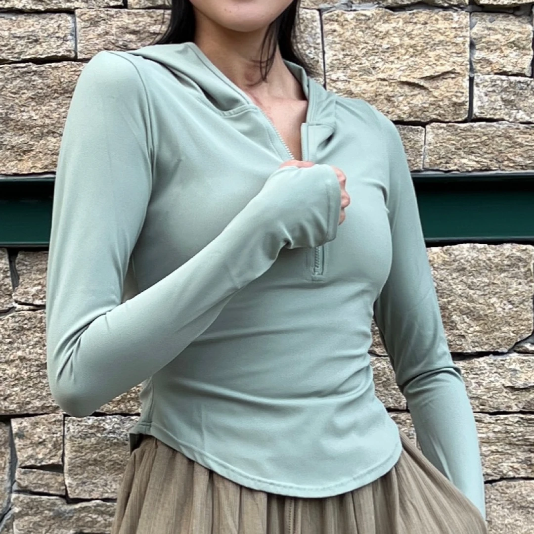 FAD花天使 半拉链连帽运动面料高弹裸感舞蹈修身长袖热身衣练功服