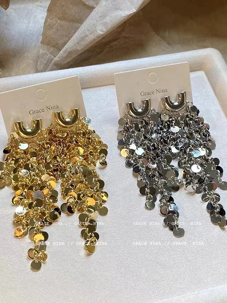 铜合金无非金属耳饰 高级感亮片流苏耳环