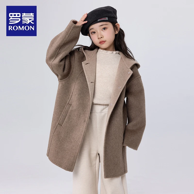 Romon/罗蒙双面羊绒大衣冬新款儿童卡通动物呢子外套全羊毛中长款