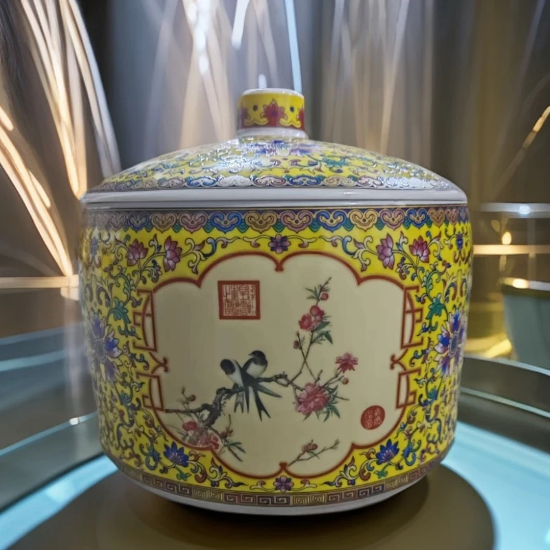 当代 口径20高度20景德镇珐琅彩金地黄梵红罐236