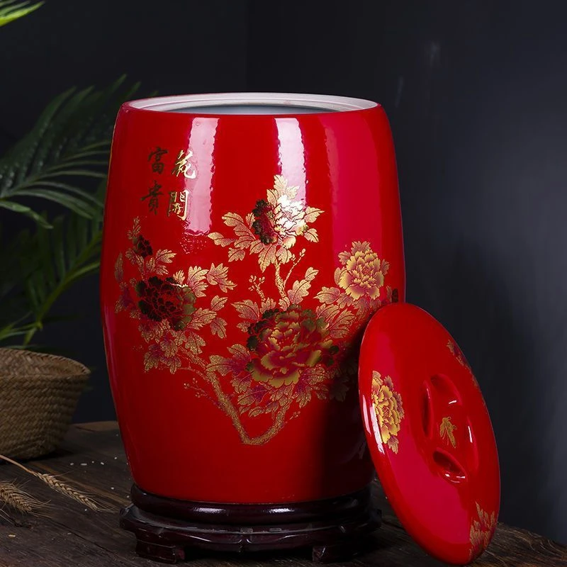 高度43口径25景德镇陶瓷中国红花开富贵50斤装米缸238