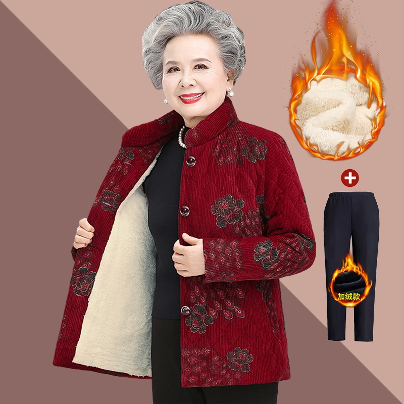 中老年人冬装女加绒加厚棉衣妈妈唐装立领保暖外套奶奶短款小棉袄