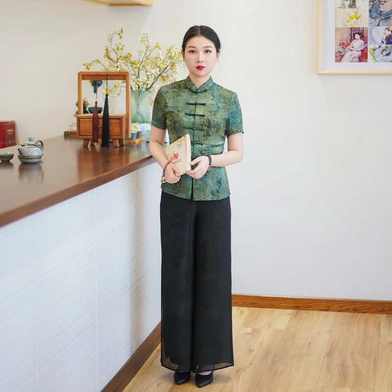 筠雅夏季新款修身显瘦中国风套装复古温婉减龄气质两件套女24J239