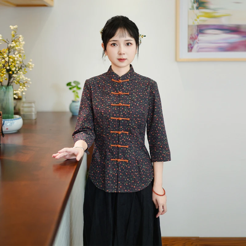 筠雅秋季新款中国风唐装上衣女修身显瘦复古新中式盘扣女装24J231