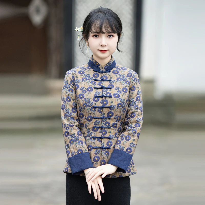 筠雅唐装女中国风冬棉袄旗袍小袄夹棉加厚保暖中式盘扣上衣23J704