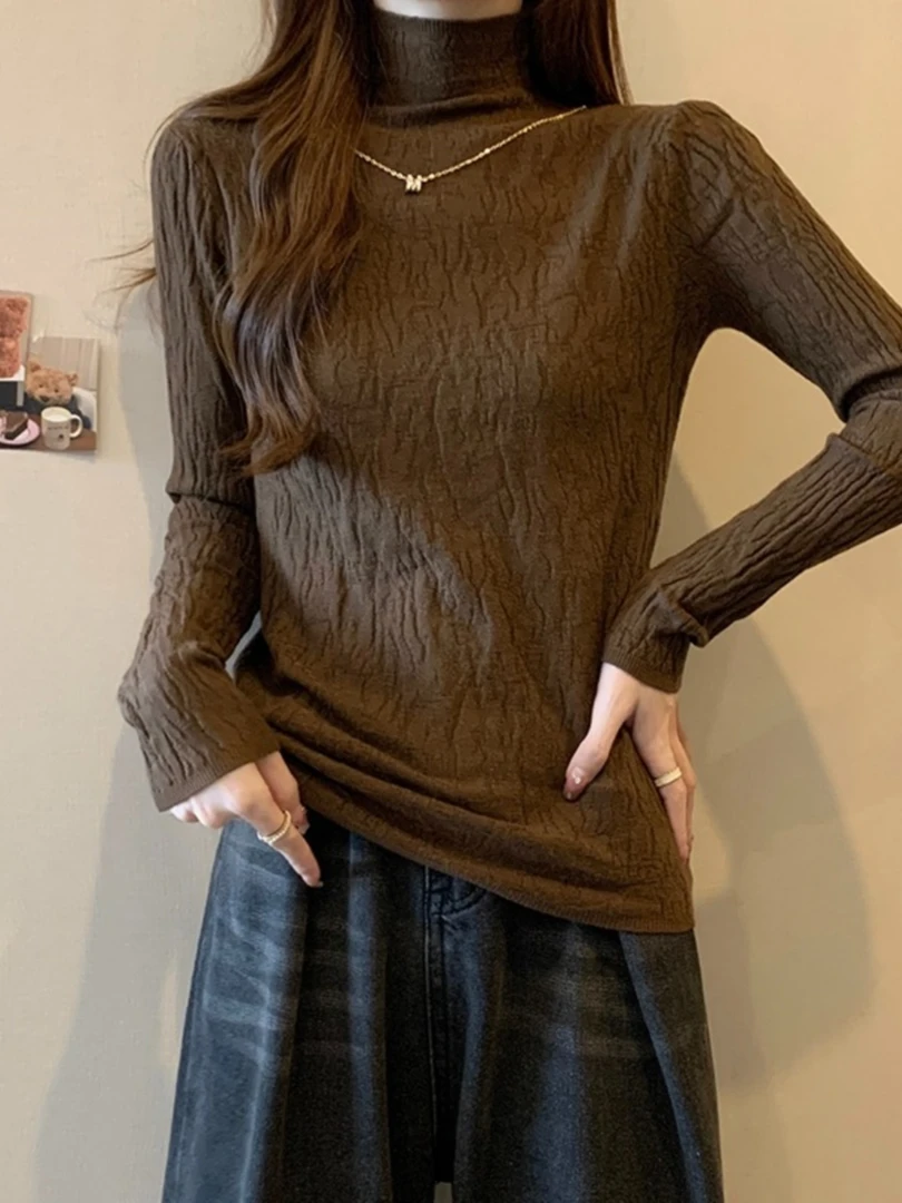 美拉德复古半高领针织衫女秋季大码胖mm显瘦肌理感内搭打底衫上衣