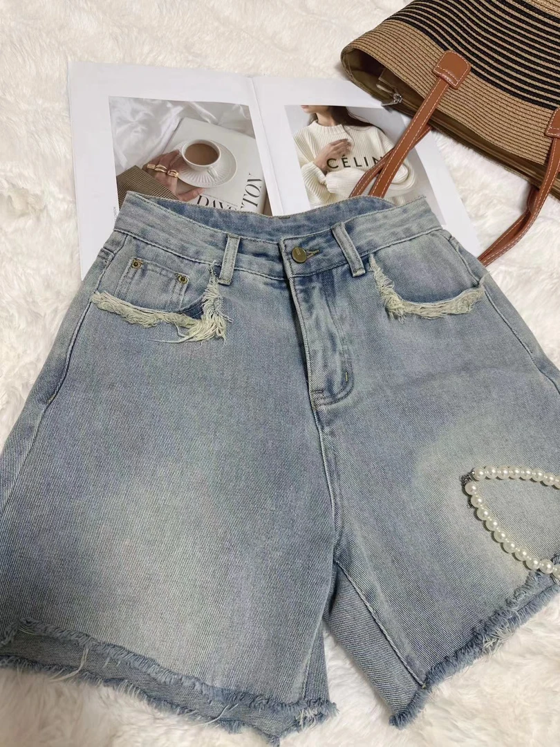 欧货复古蓝色牛仔短裤女夏季高腰显瘦口袋毛边A字宽松阔腿热裤