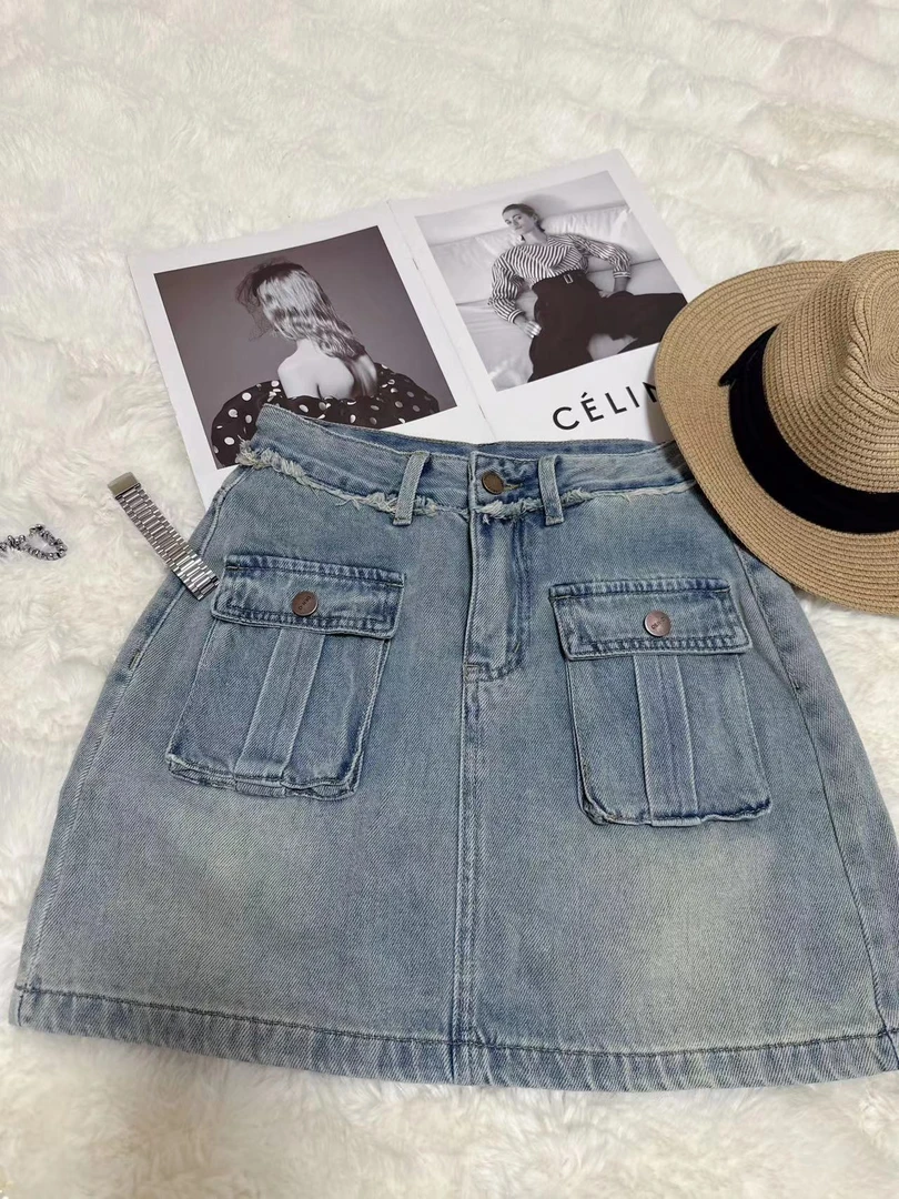 欧货新款立体口袋毛边高腰a字裙辣妹防走光工装短裙