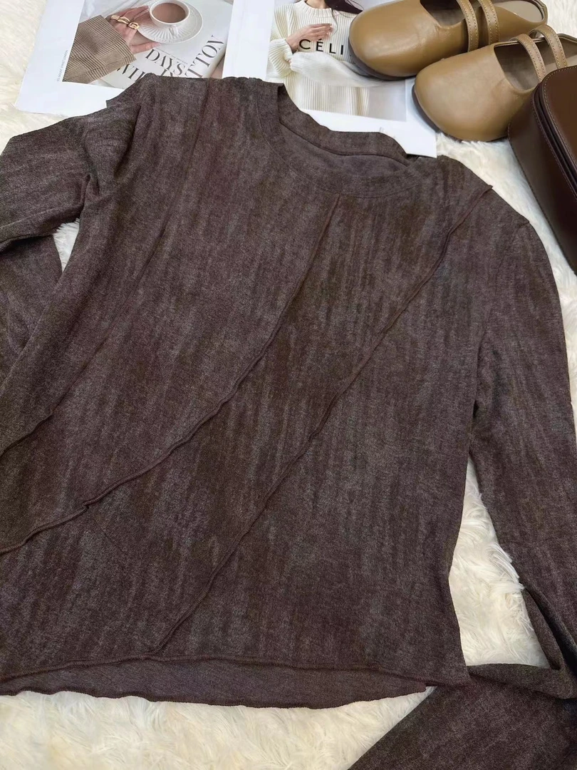 欧货洋气百搭复古圆领垫肩不规则显瘦修身T恤打底衫